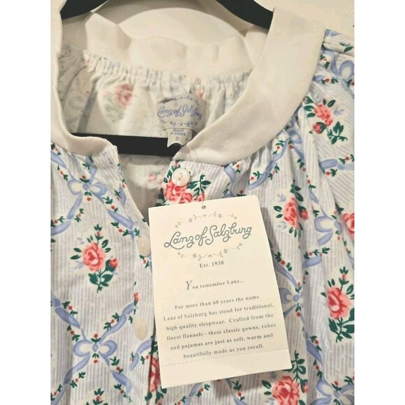 Lanz of Salzburg Red Rose Long Flannel Blue Nightgown Small Cottagecore Floral - Picture 4 of 9